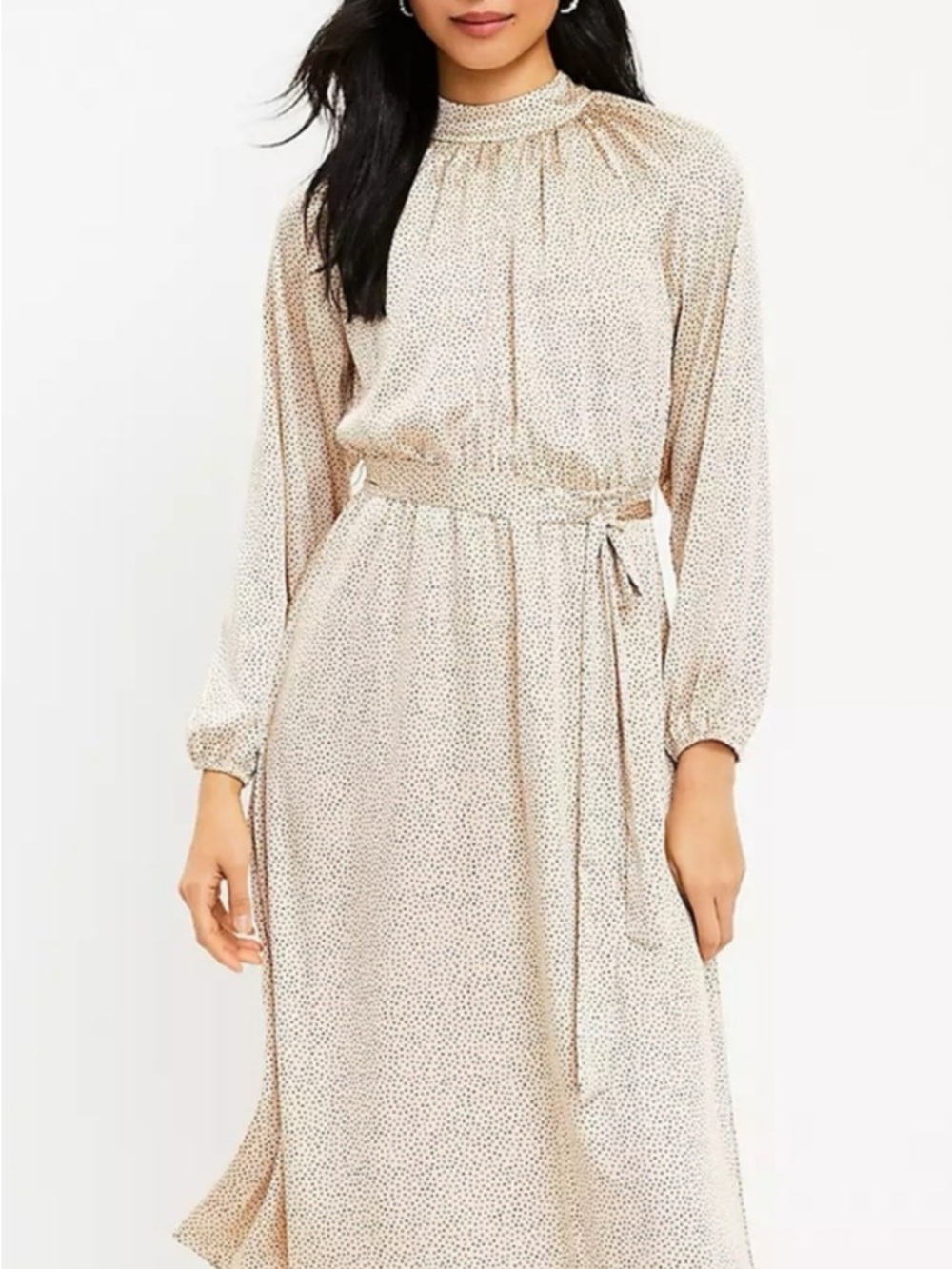 LOFT Cream Dot Long-Sleeve Midi Dress